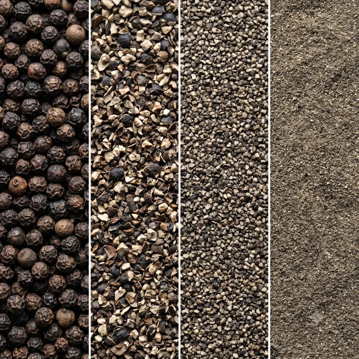 Black pepper in four grind sizes, from whole peppercorns to fine powder